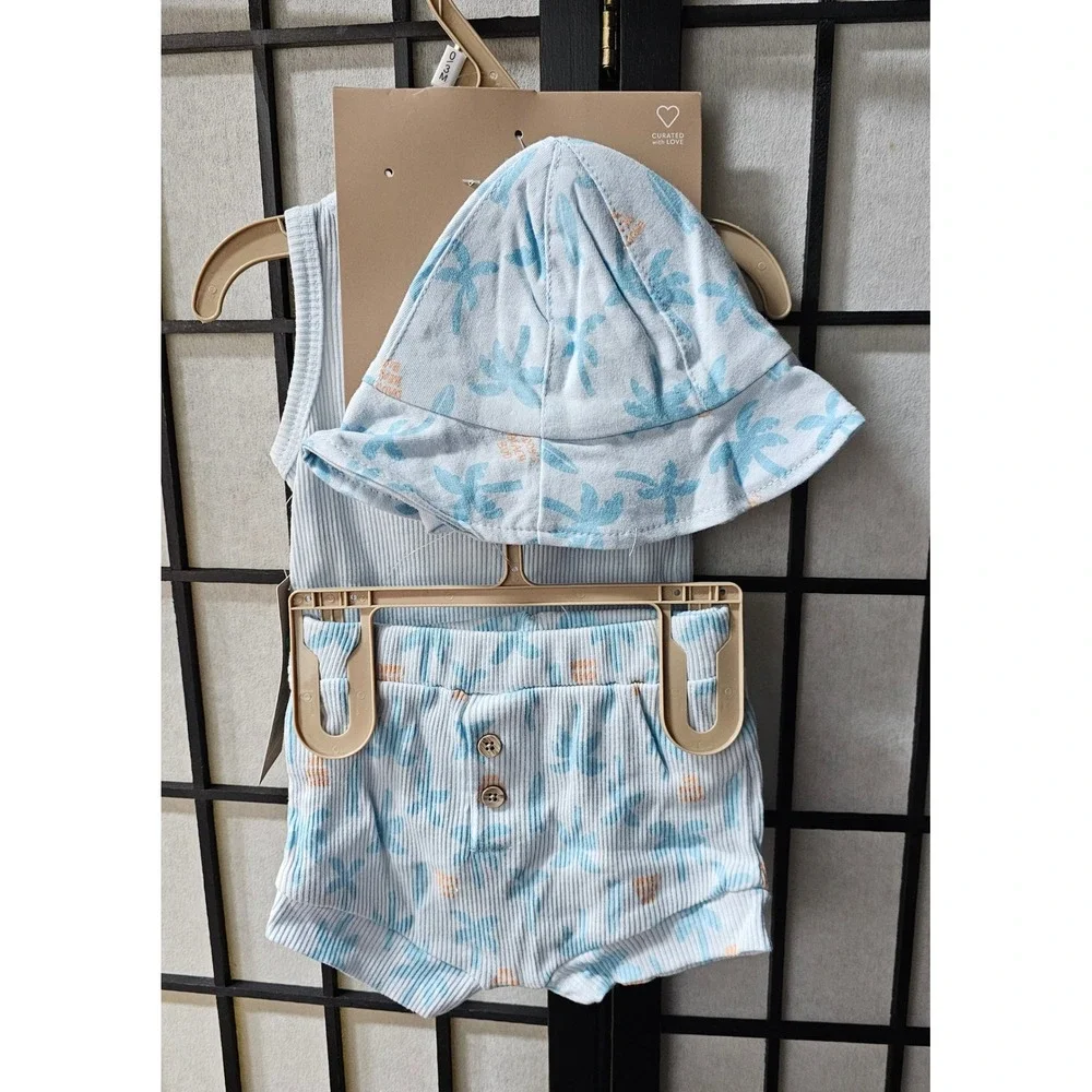 CHICKPEA 3 Piece Palm Tree Tank Shorts Hat Set 0-3M Blue‎ Tropical NWT